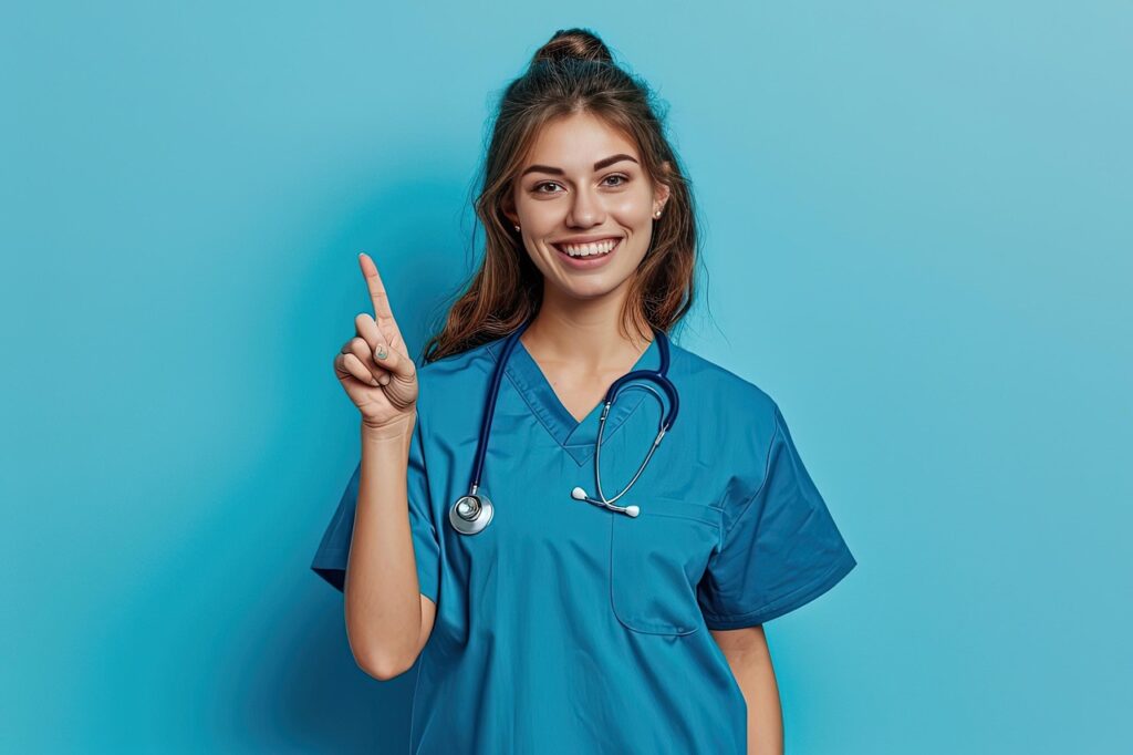 infirmière, médical, pointer du doigt, signaler,